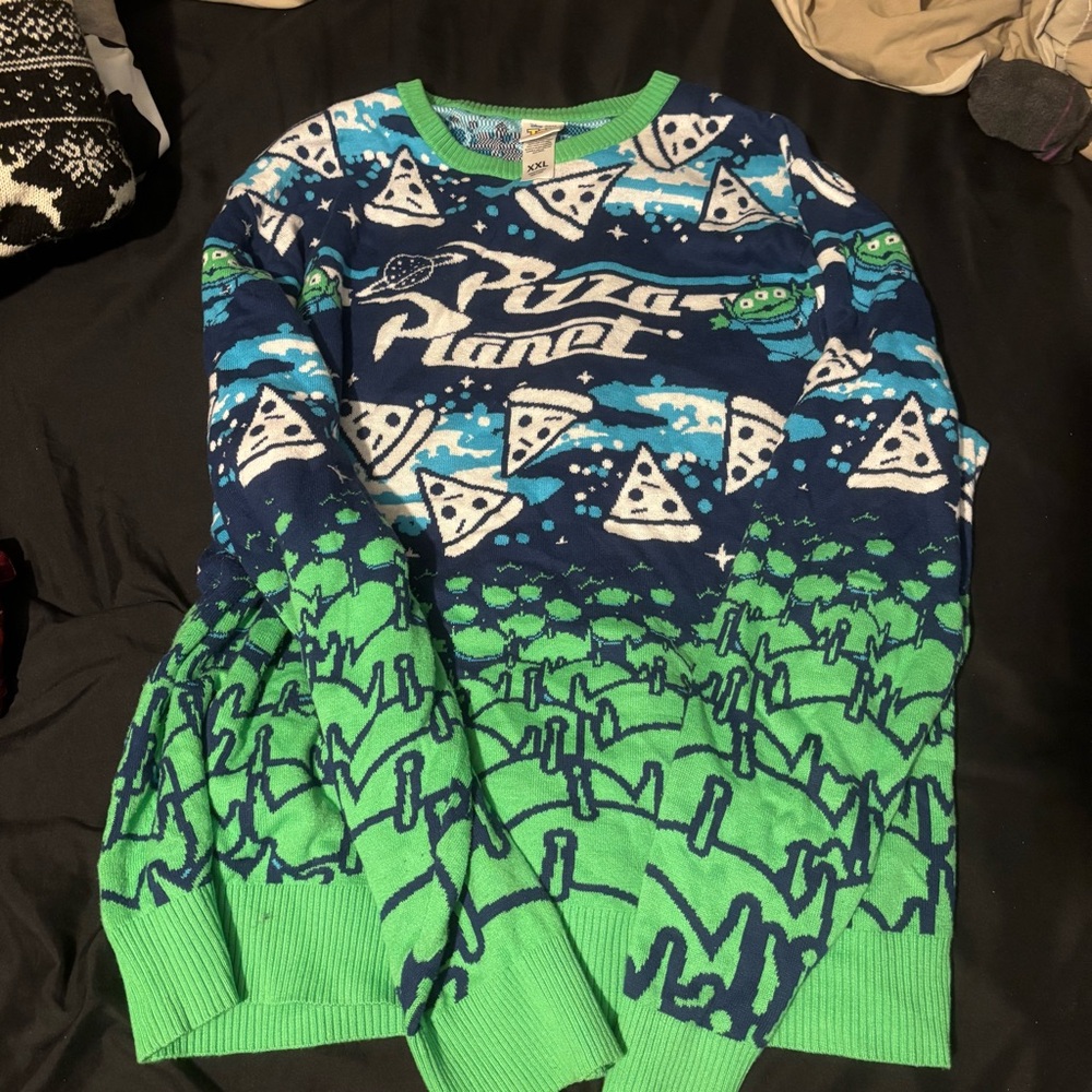 Box lunch pizza planet Christmas sweater